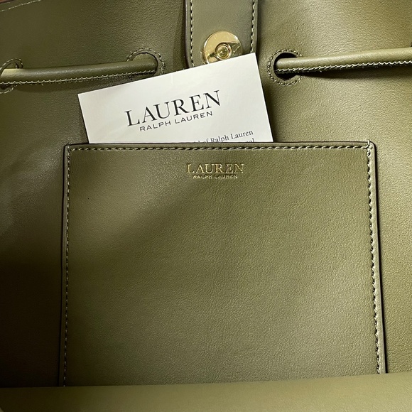 Lauren Ralph Lauren Andie Drawstring Leather Bucket Bag Olive Green - Picture 14 of 14